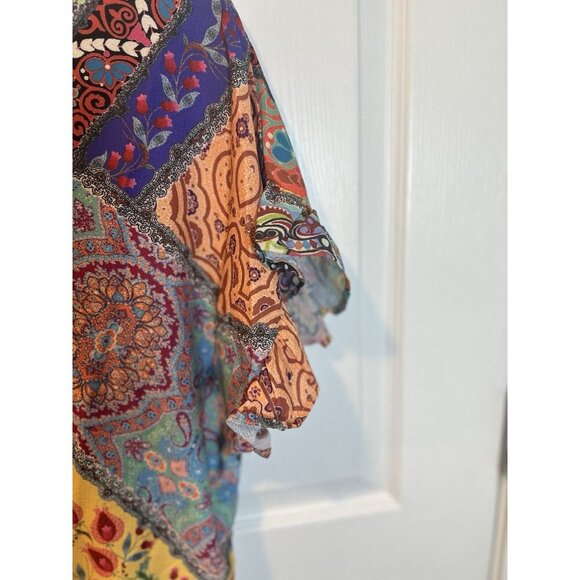 Umgee Mix Print Top Ruffled Short Sleeves XL Mango Mix V-Neck Boho Side Slits - Picture 6 of 9